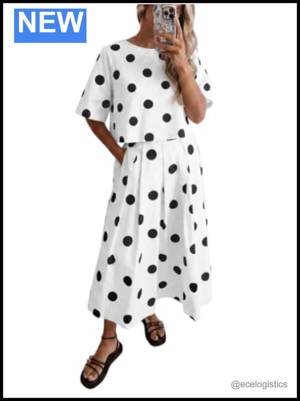 Polka Dot 2 Piece Skirt Set Tie Back Top Pleated Midi Skirt Summer Outfit